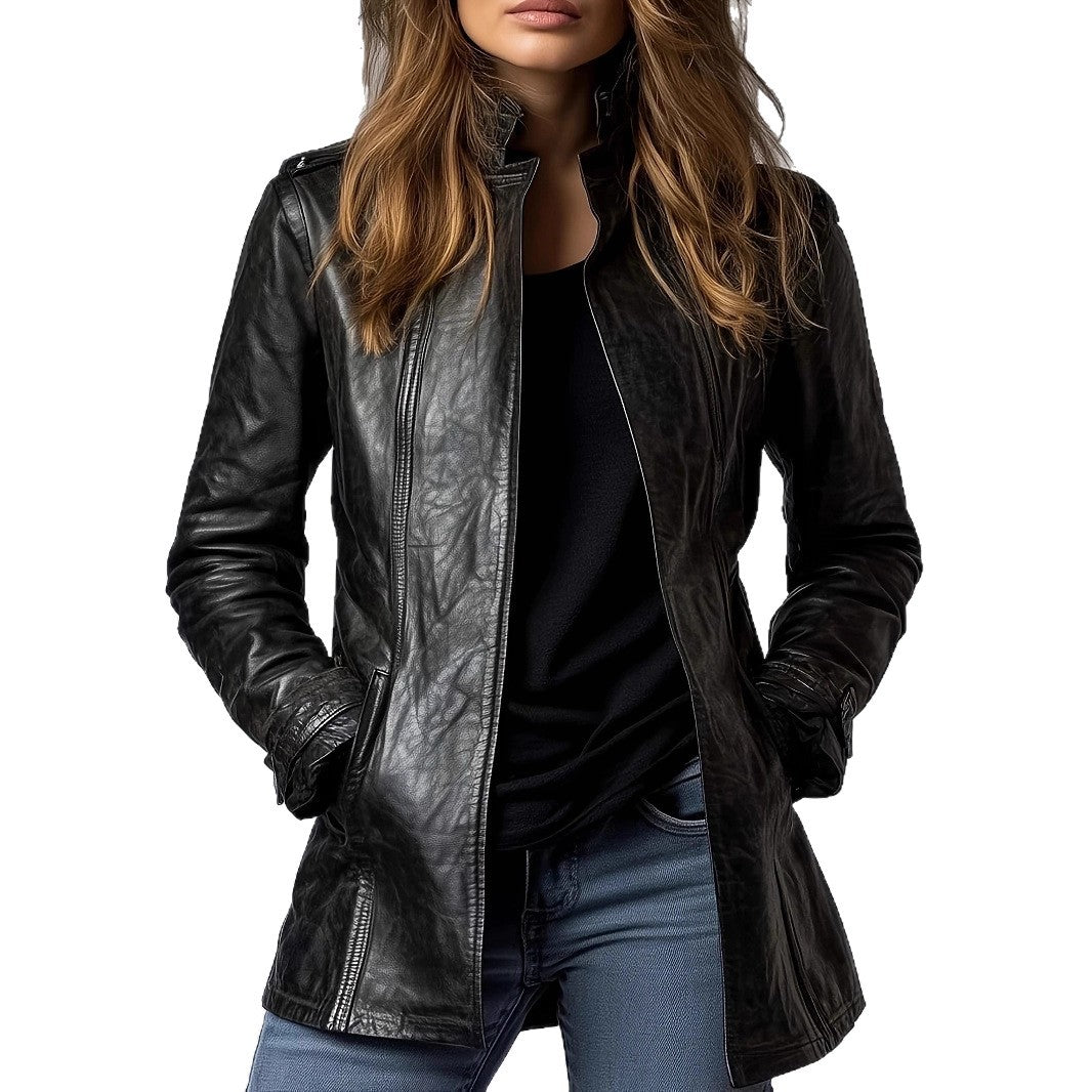 Stand-up collar long-sleeved leather jacket