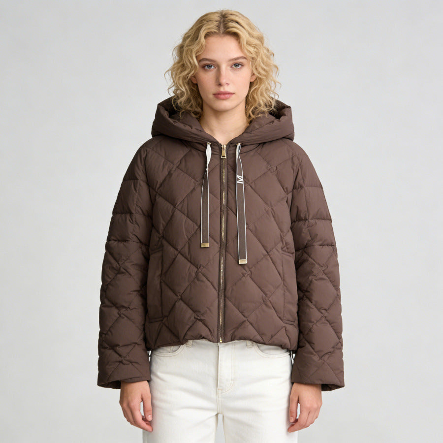 Hooded rhombus woven white duck down jacket