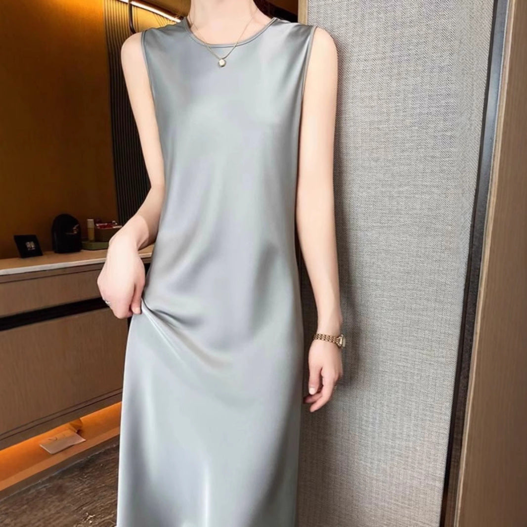 Crew neck silk suspender dress, acetate satin mid-length dress with silk inside