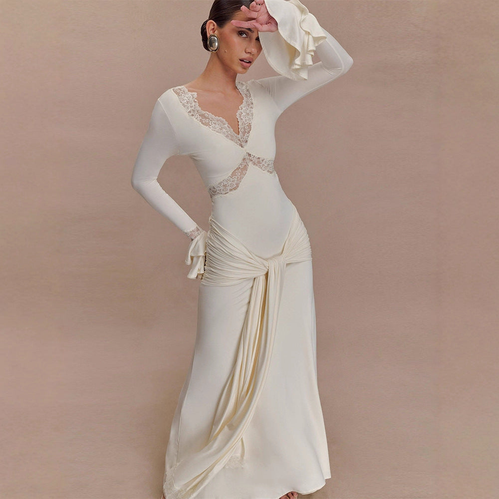 V-neck lace see-through slim-fit dress