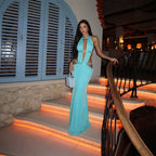 Sexy beautiful back deep V exposed navel solid color pleated splicing dress