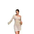 Solid color knitted floating flower knitted hollow dress