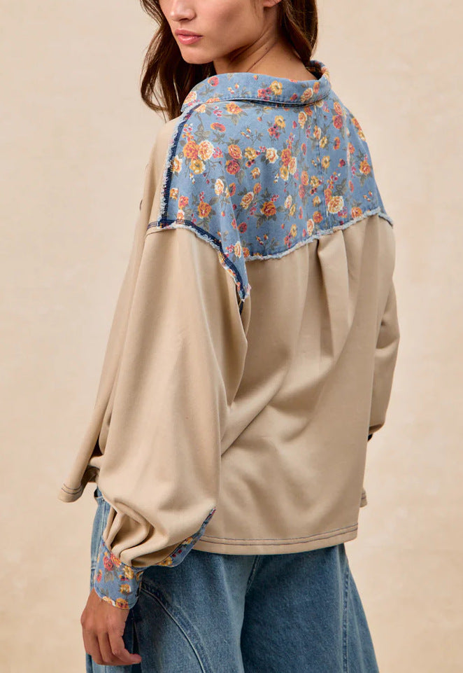 French Casual Loose Lapel Splicing Cloth Sweater Long Sleeve Top