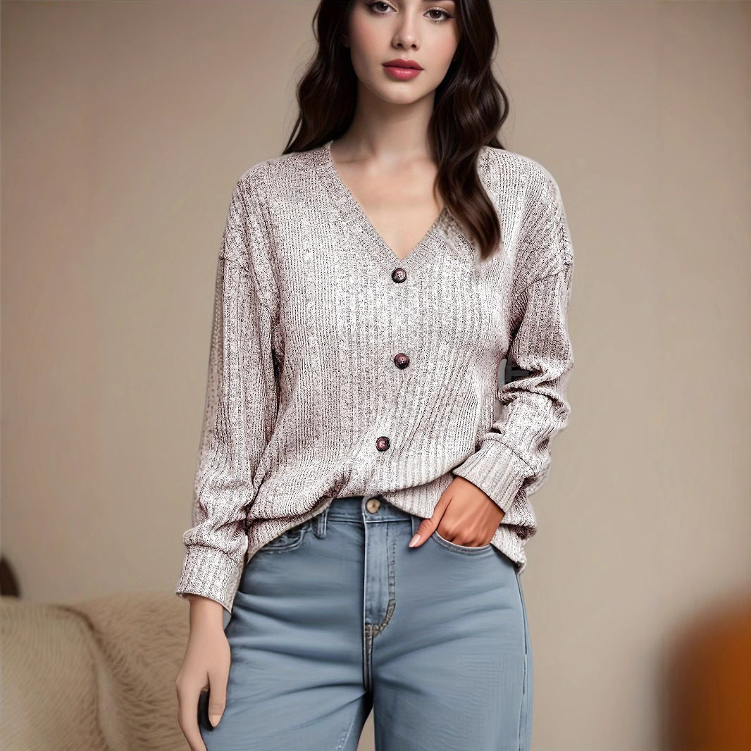 2025 Autumn/Winter New Knitted Button Sweater Casual Long Sleeve Loose Top Women's T-Shirt