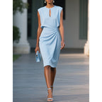 Solid color pleated waist round neck hollow dress