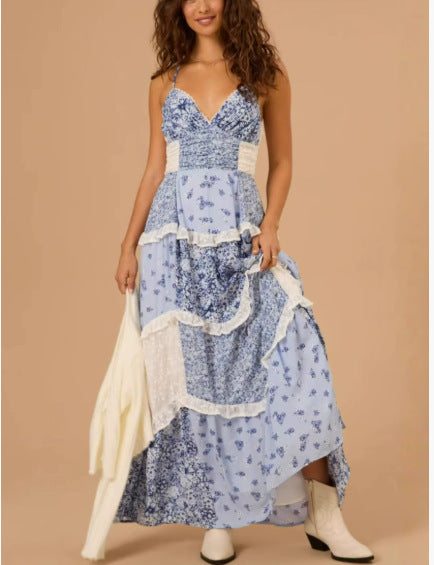 Sleeveless suspenders, digitally printed dress