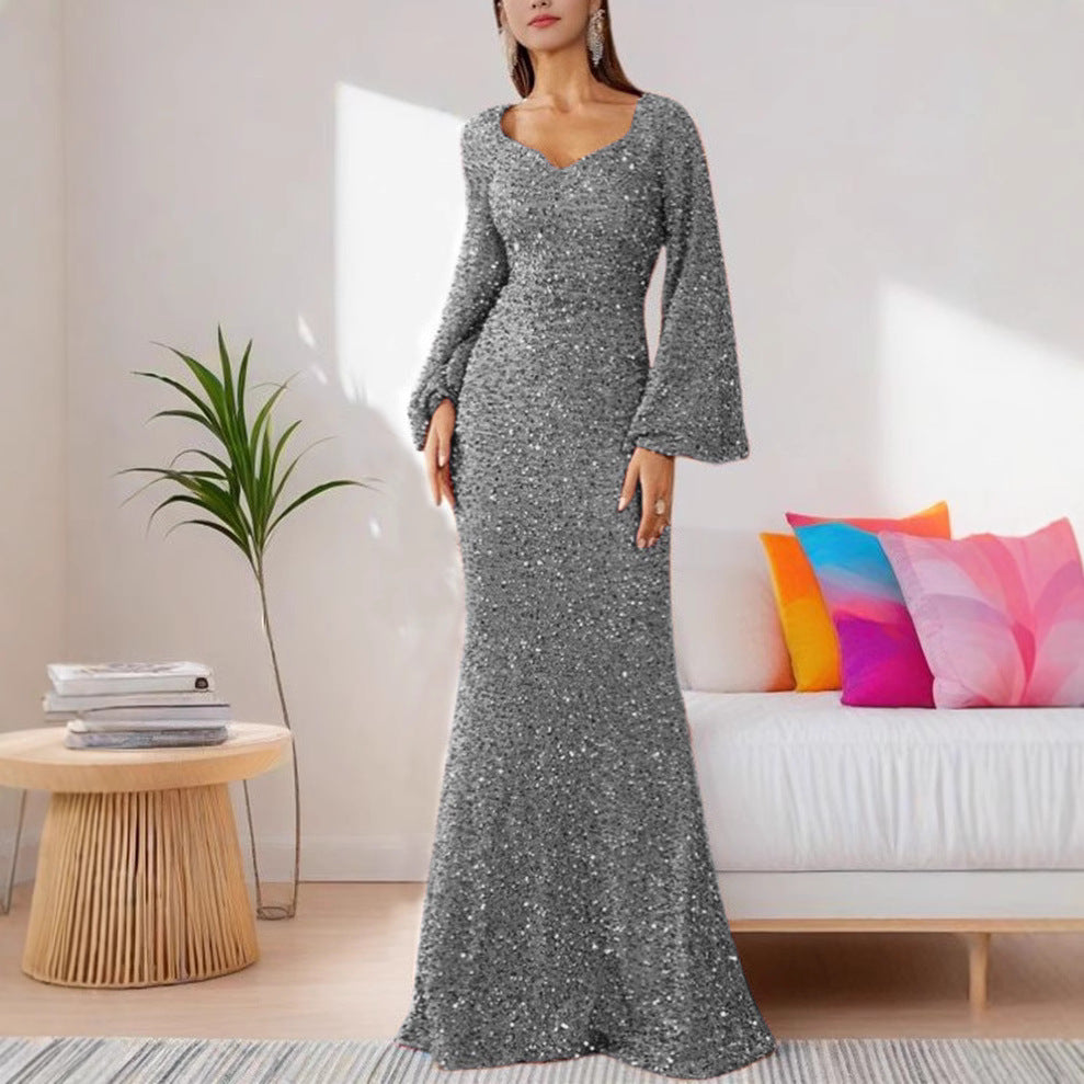 V-neck horn sleeve evening dress
