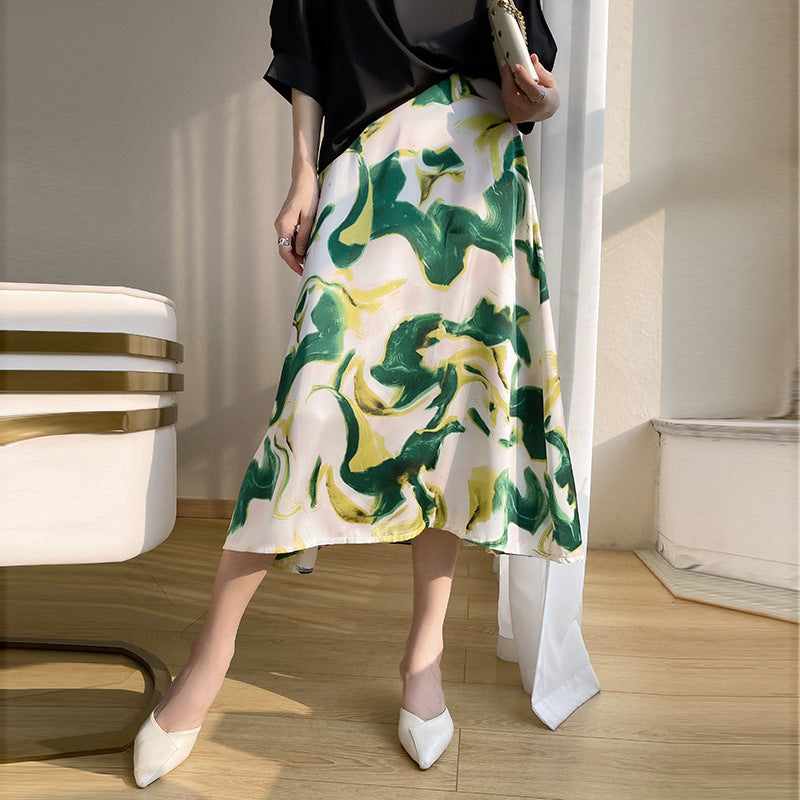 Silk satin 2026 spring and summer women's skirt temperament printing French umbrella skirt loose high waist over the knee A-shaped skirt