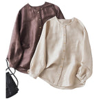 Flax mulberry silk round neck long sleeve shirt