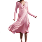 Long Sleeve V Neck Breast Wrap Medium and Long Knitted Pleated Dress Bottom Dress