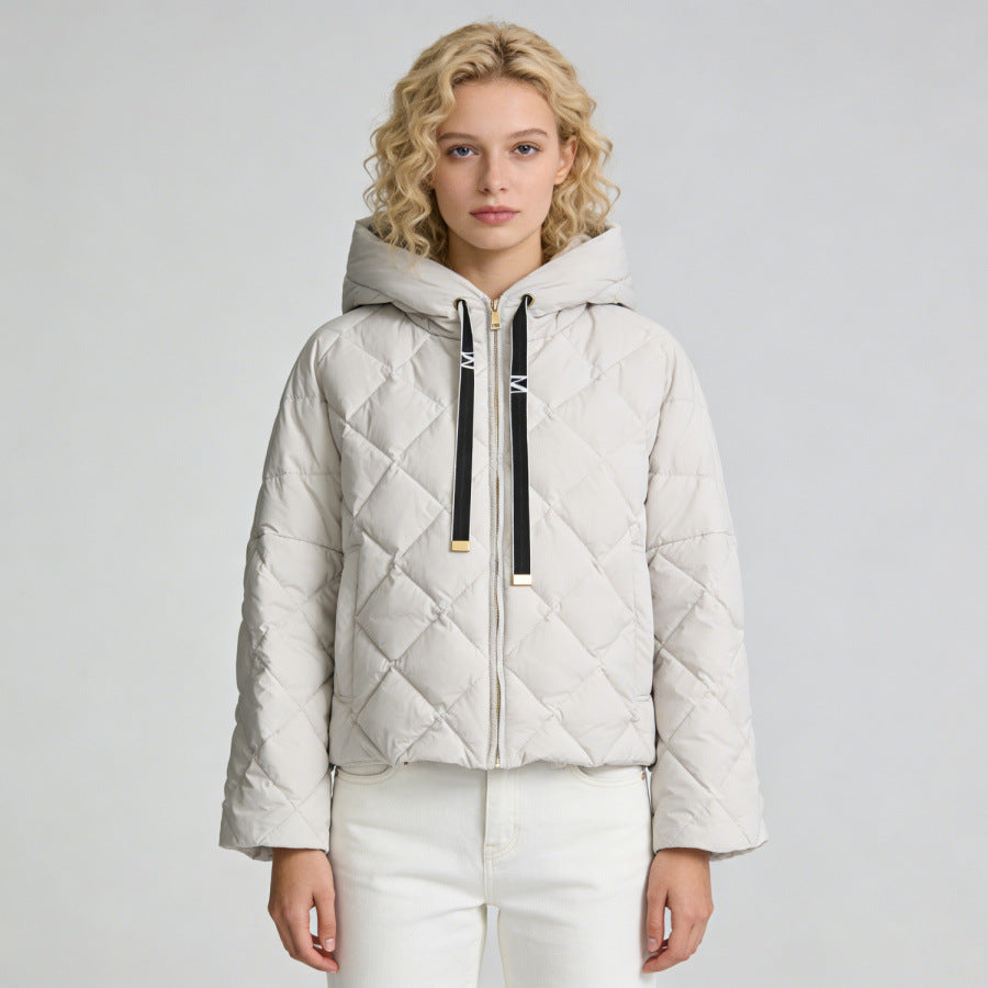 Hooded rhombus woven white duck down jacket
