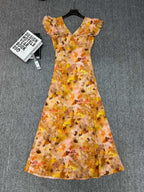 French V-neck silk print dress
