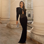 Crew neck elegant split evening dress hip wrap dress