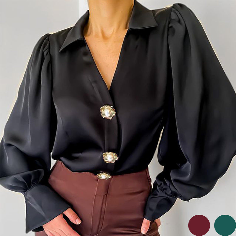 Lantern Sleeve Casual Loose Satin Blouse