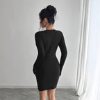 Solid color mesh stitching chest design long-sleeved slim-fit dress