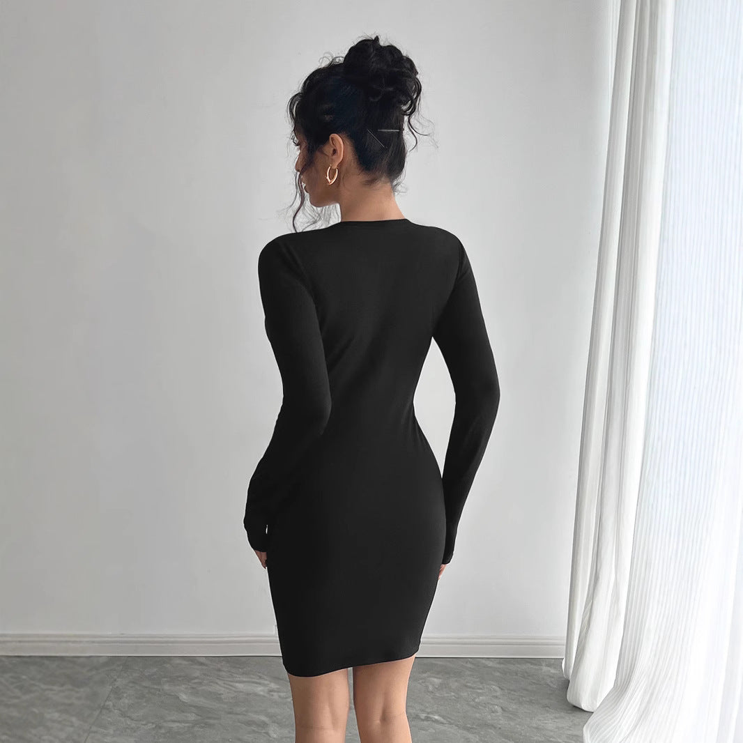 Solid color mesh stitching chest design long-sleeved slim-fit dress