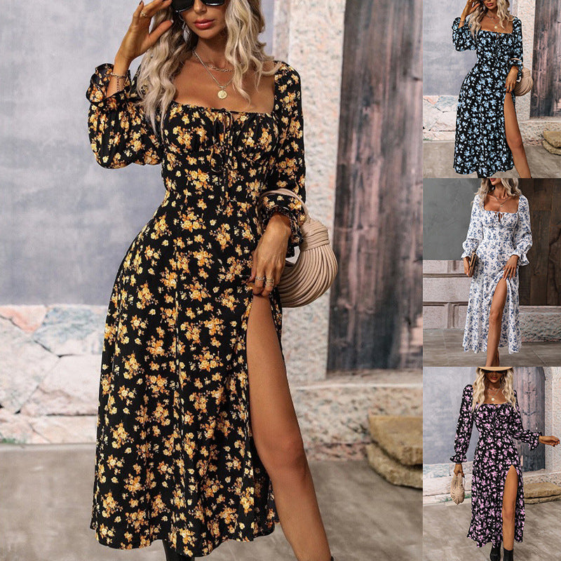 Printed long-sleeved square neckline dress with slit