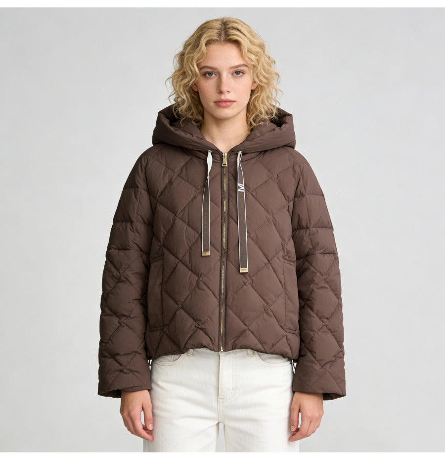 Hooded rhombus woven white duck down jacket