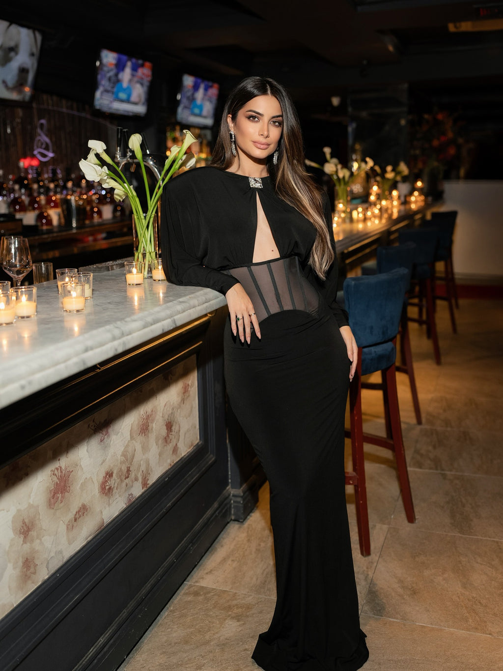 Crew neck elegant split evening dress hip wrap dress