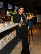 Crew neck elegant split evening dress hip wrap dress