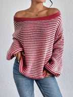 One-word collar contrasting striped knitted sweater