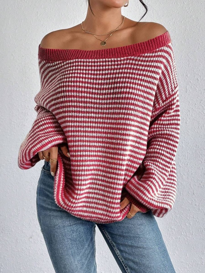 One-word collar contrasting striped knitted sweater