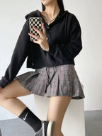 Solid Color Checkered Hoodie??Oversized Casual Pullover