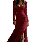 Vintage Western-style button-down pleated long sleeve sexy maxi skirt