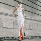 White bandeau twill pleated dress Europe