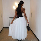 Pleated deep V-neck neck long dress