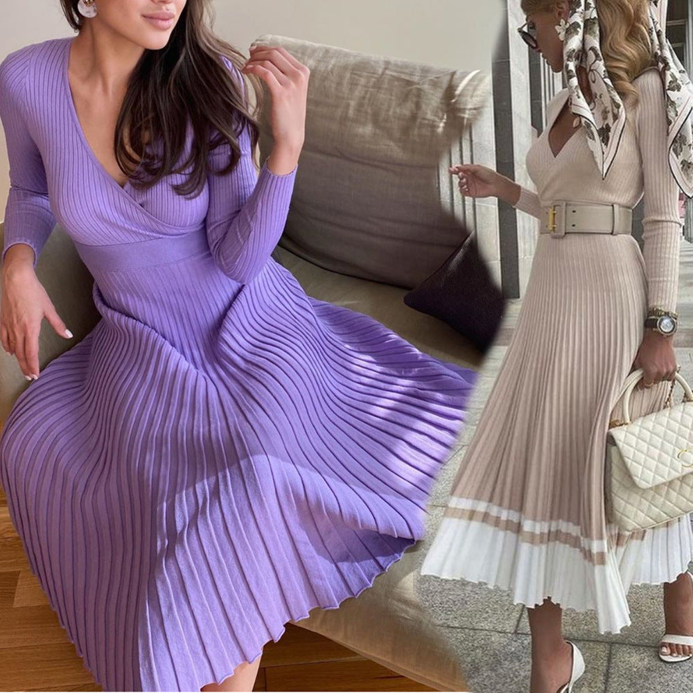 Long Sleeve V-Neck Breast Wrap Medium and Long Knitted Pleated Dress Bottom Dress
