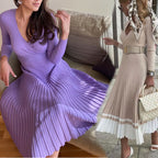 Long Sleeve V Neck Breast Wrap Medium and Long Knitted Pleated Dress Bottom Dress