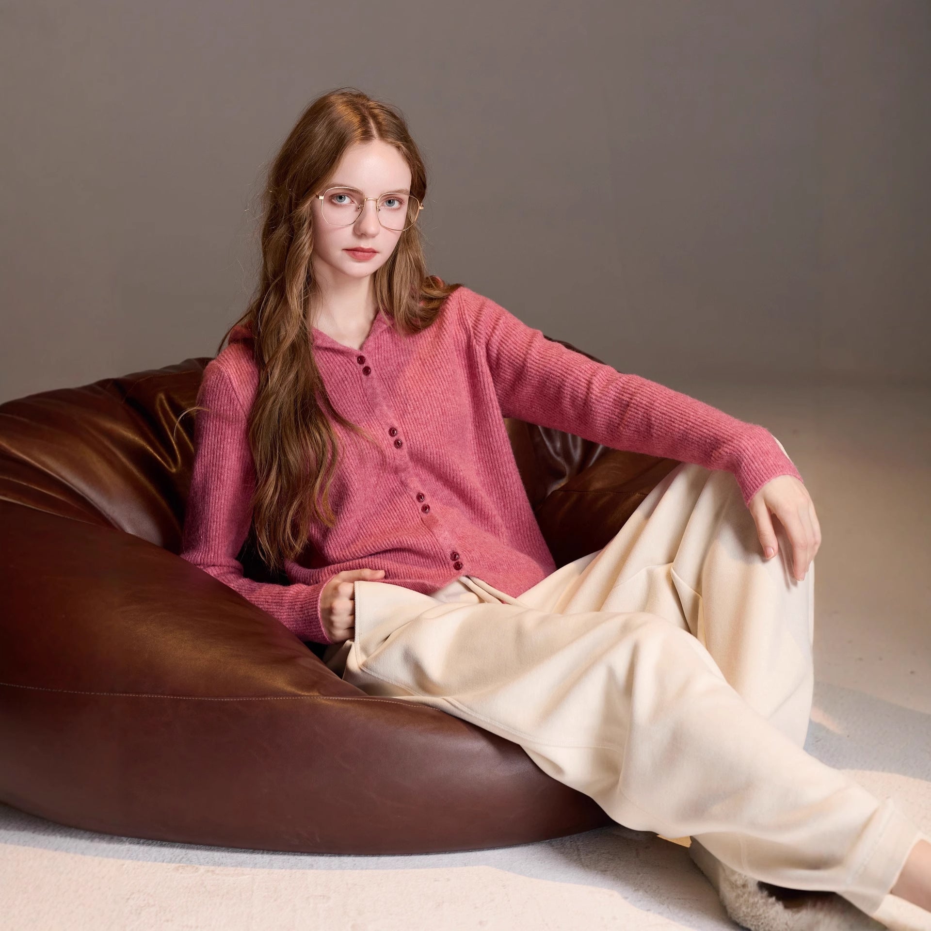 Hooded cardigan over wool jacket