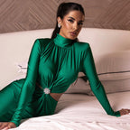 High-neck long-sleeved spliced halter pleated dress