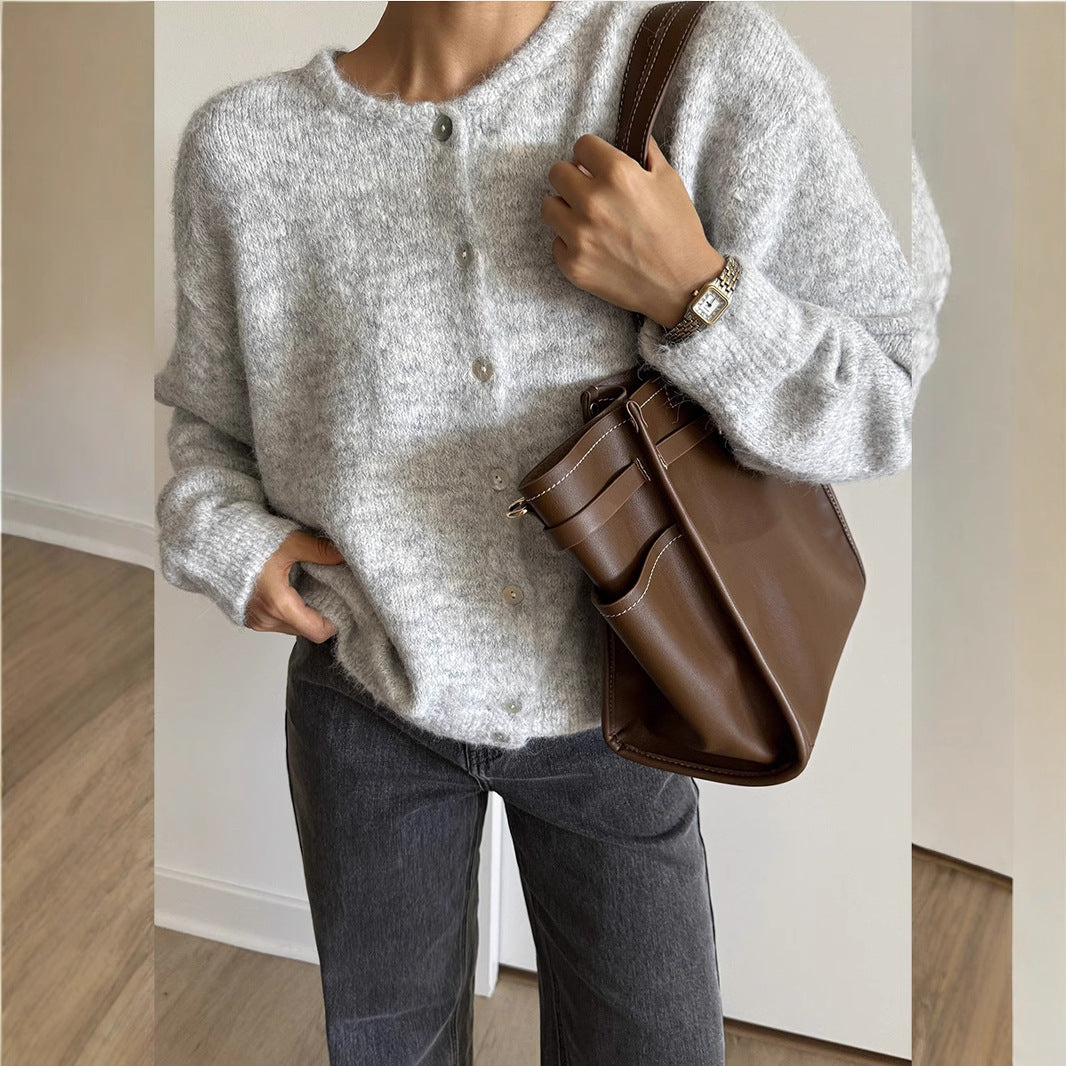 Vintage buckle grey wool knitted cardigan