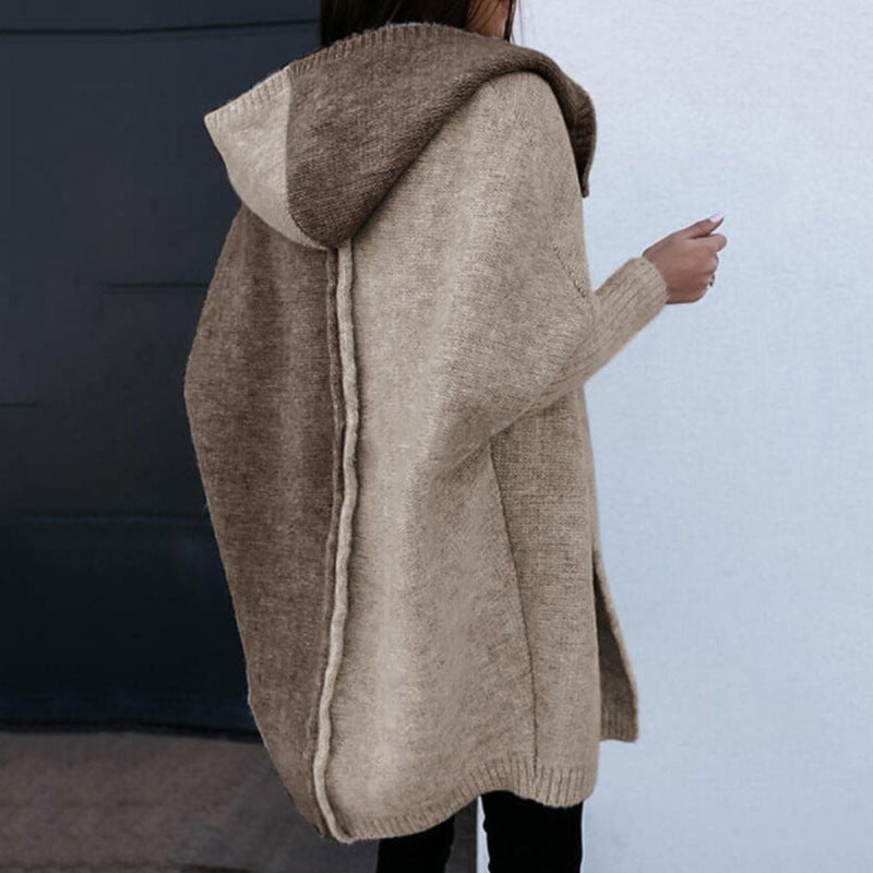 Medium and long hooded knitted cardigan