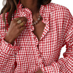Plaid pleated V-neck shirt