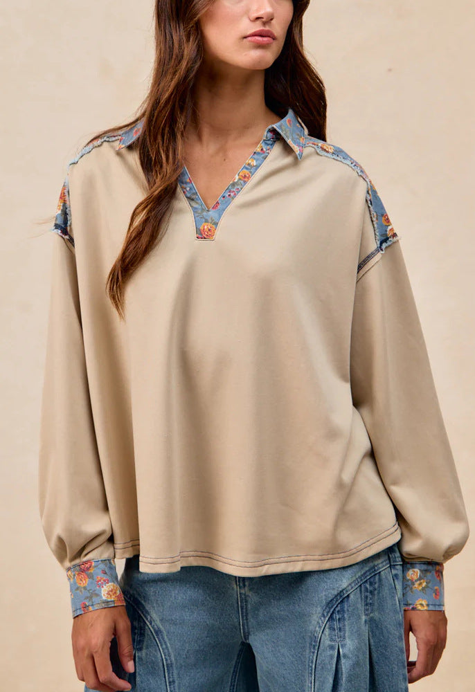 French Casual Loose Lapel Splicing Cloth Sweater Long Sleeve Top