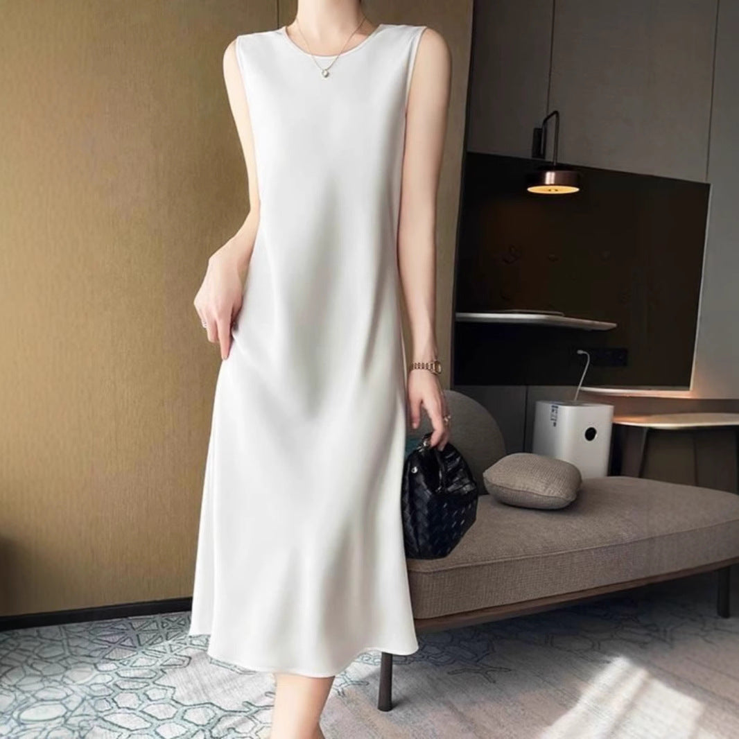 Crew neck silk suspender dress, acetate satin mid-length dress with silk inside