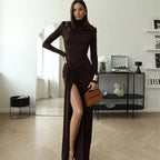 High neck long sleeve splicing slim temperament solid color dress