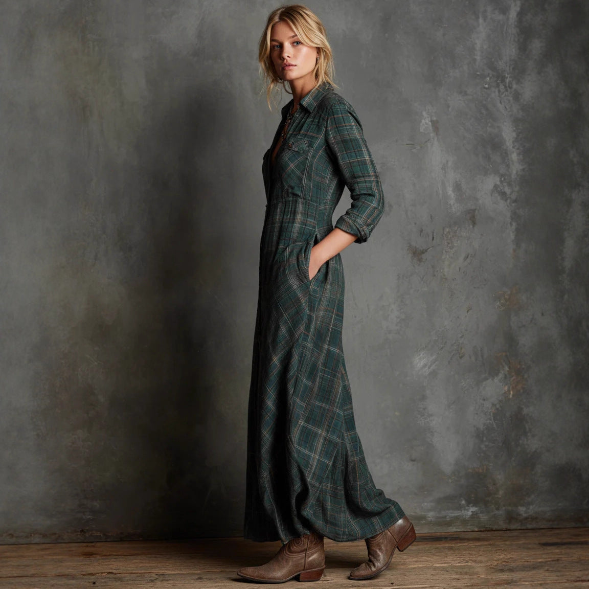 Elegant long-sleeved plaid shirt dress