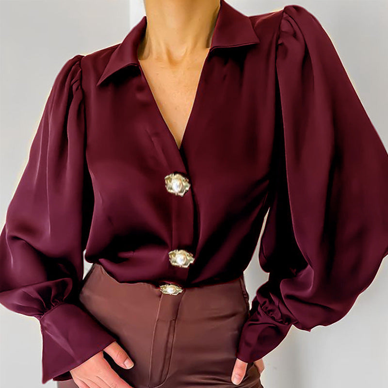 Lantern Sleeve Casual Loose Satin Blouse