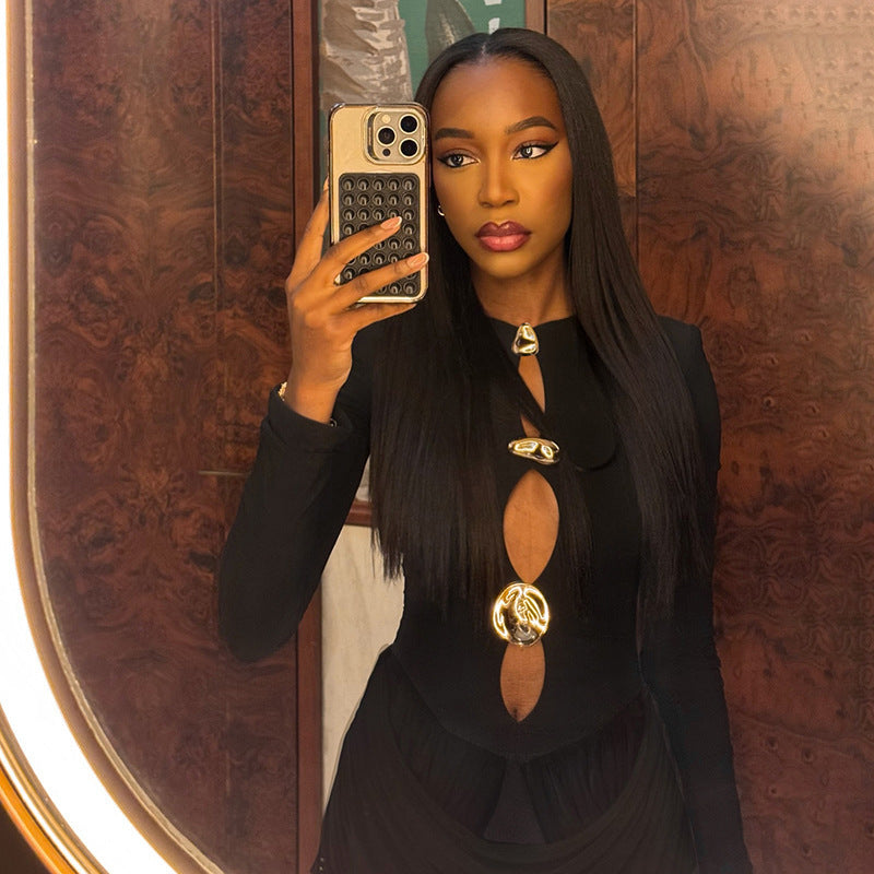 2025 Autumn New Women's Clothing Crew Neck Decorative Hollow Long Sleeve Fashion Hip Wrap Dress Wholesale