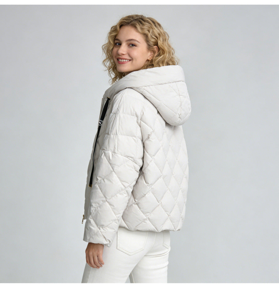 Hooded rhombus woven white duck down jacket