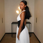 Pleated deep V-neck neck long dress