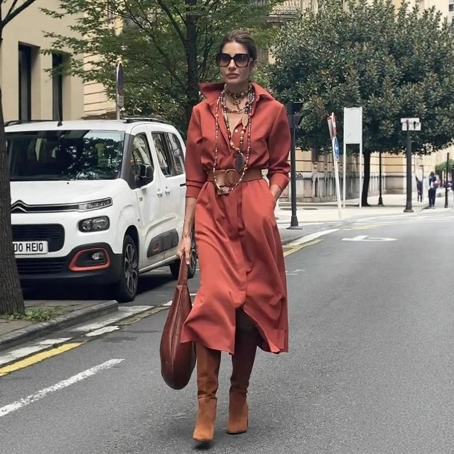 Drop mid-length skirt shirt collar dress