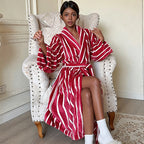 Flannel medium and long striped nightgown