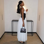 Pleated deep V-neck neck long dress