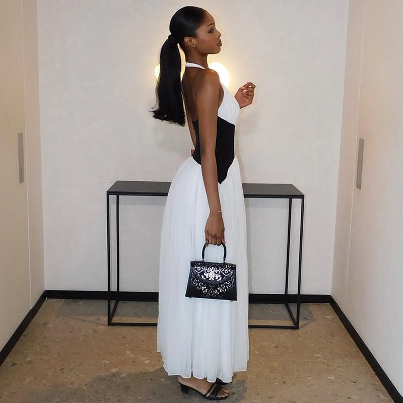 Pleated deep V-neck neck long dress