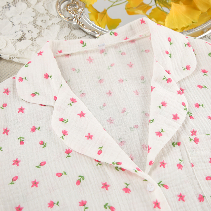 Printed short-sleeved cotton and silk pajamas